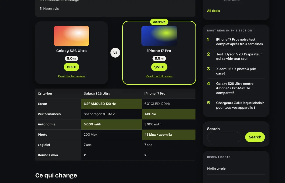 A comparison in dark mode: face-off cards and a criterion-by-criterion table