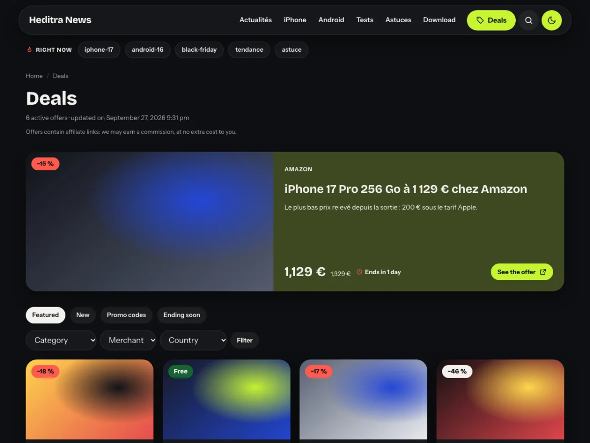 The deals page with a featured offer, tabs, filters and deal cards
