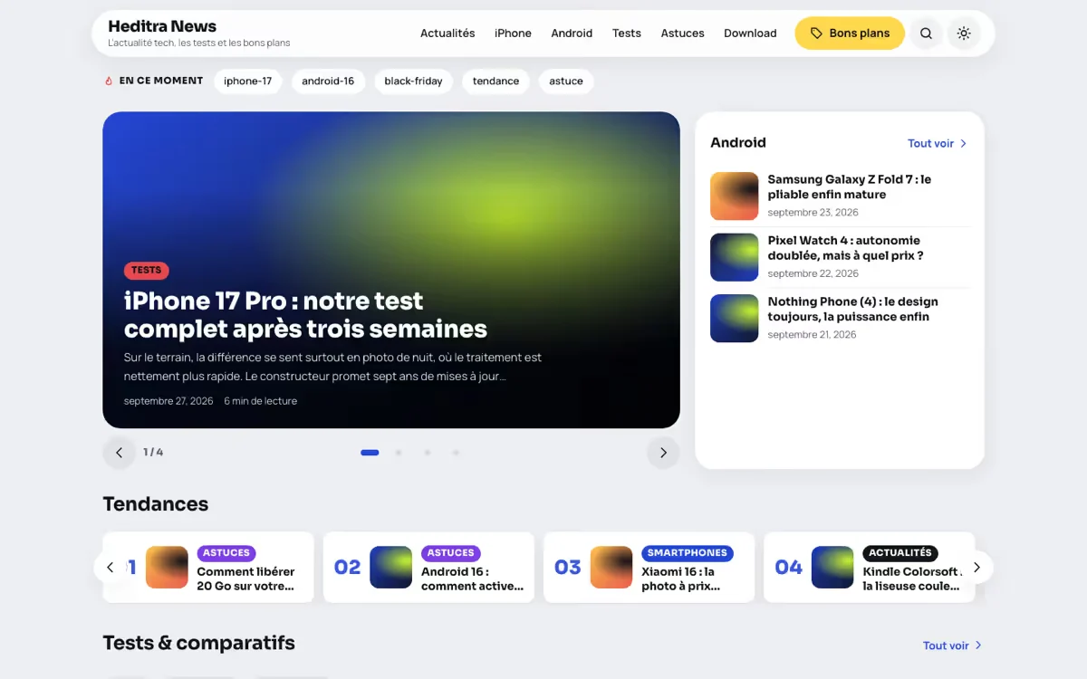 Heditra News homepage in light mode: header, slider, side module and trending strip