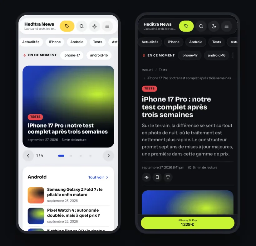Heditra News on a phone: homepage in light mode and an article in dark mode