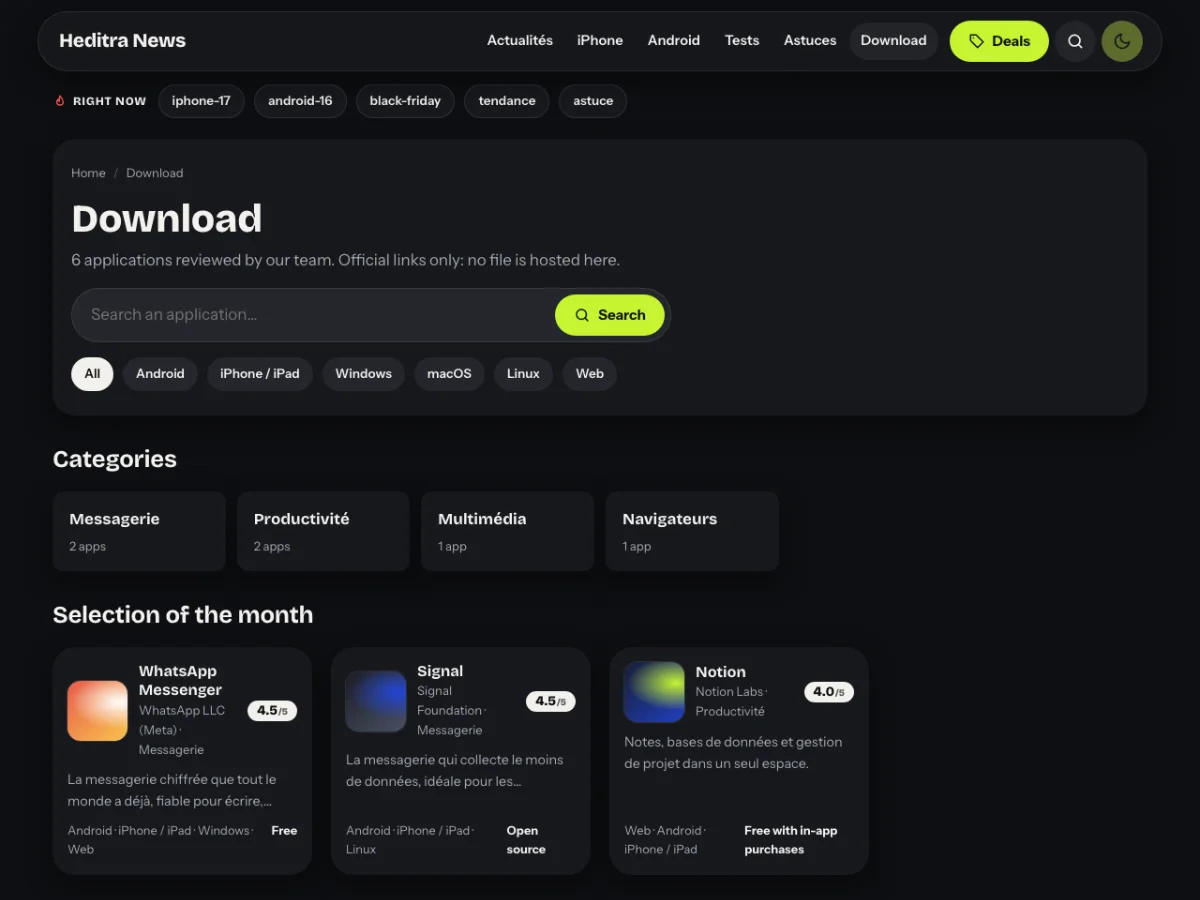 The software library: search, platform filters, categories and app cards